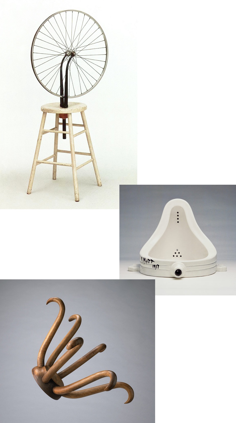 Ready-mades de Marcel Duchamp: Roda de bicicleta, Fonte e Hat rack