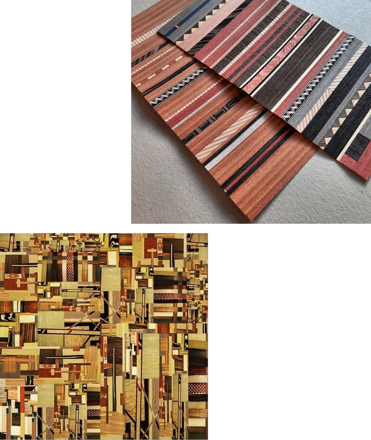 Marchetaria contemporânea de Danilo Blanco: Laminas de madeira – recorte e colagem