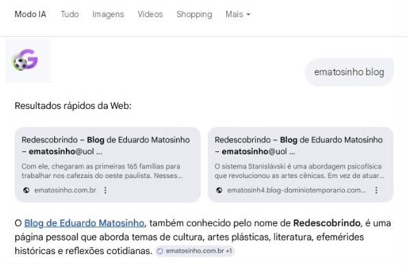 Resultado da pesquisa sobre “ematosinho blog” no modo IA do Google